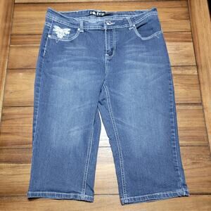 Give Me Five Dark Wash Denim Capris w/ Pocket Embroidery & Bling - Size 14